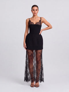 Belted Lace Sling Long And Short Perspective Layered Dress Two-Piece Set