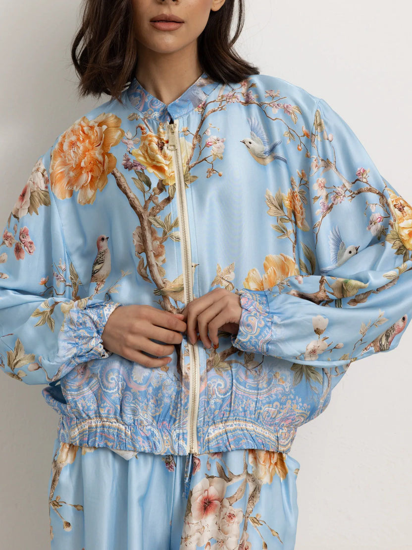 Elegant Floral Bird Print Shirt& Wide Leg Pants Set