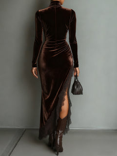Elegant Lace-trimmed Drawstring Slit Maxi Dress