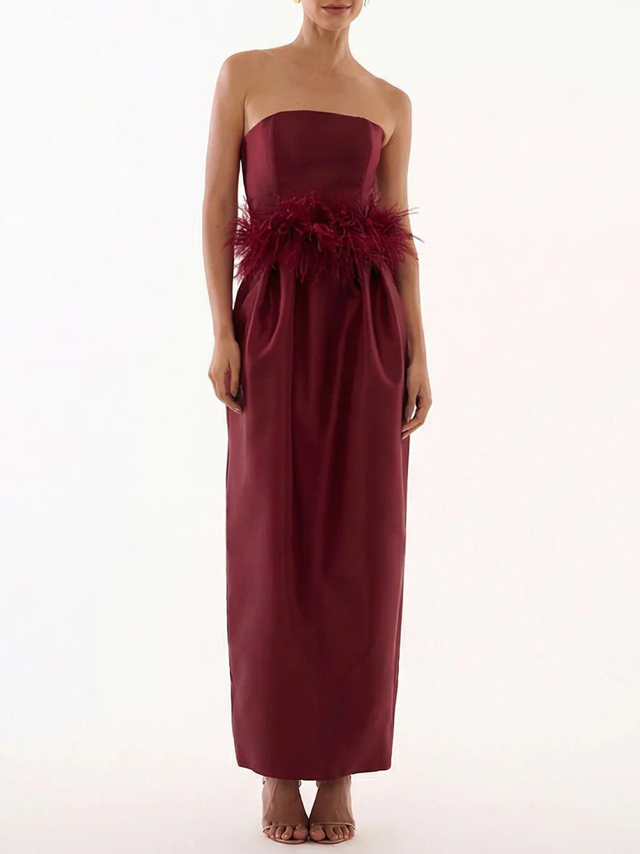 Elegant Strapless Feather Trim Evening Gown Maxi Dress