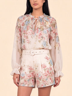 Exquisite Floral Print Long Sleeve Chiffon Shirt & Shorts Set