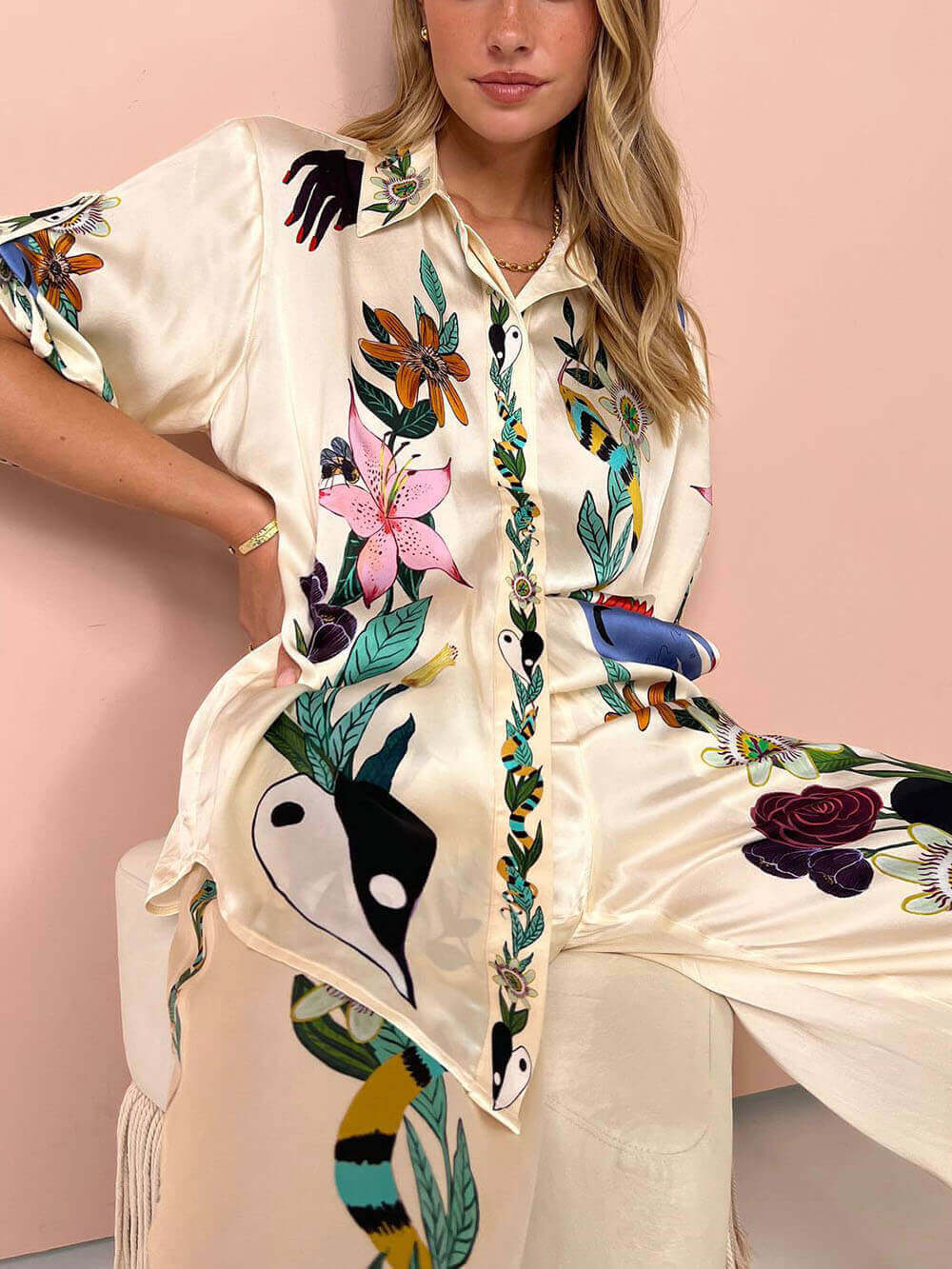 Modern Sophisticated Feel Satin Unique Print Oversized Blouse Elastic Waist Pocketed Wide Leg Pants Set-Likemychoice
