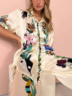 Modern Sophisticated Feel Satin Unique Print Oversized Blouse Elastic Waist Pocketed Wide Leg Pants Set-Likemychoice