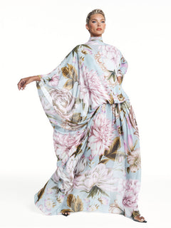 Exquisite Watercolor Floral Print Draped Chiffon Maxi Dress