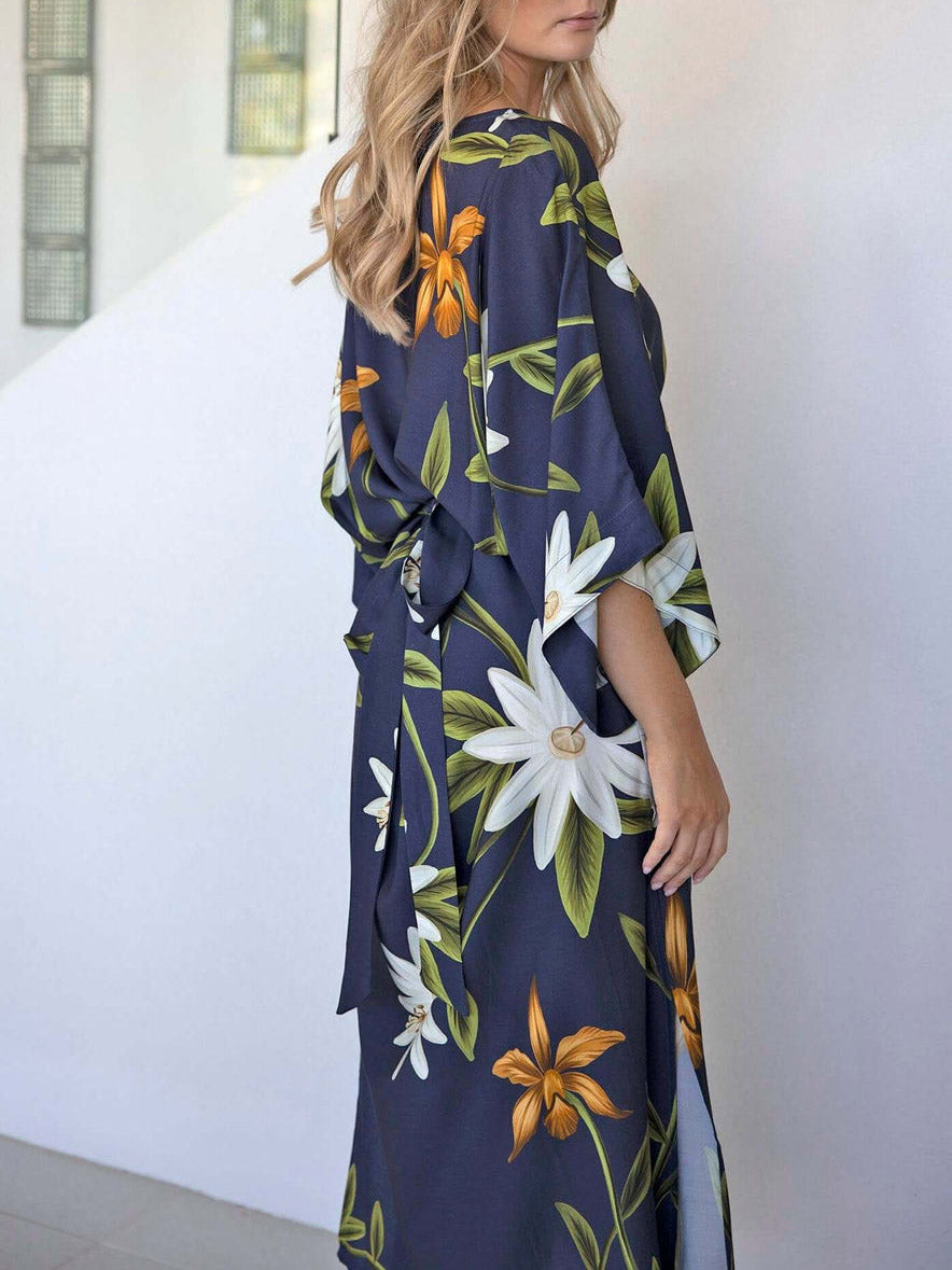 Elegant Floral Print One-Shoulder Tie-Waist Slit Midi Dress