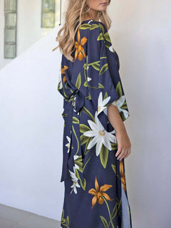 Elegant Floral Print One-Shoulder Tie-Waist Slit Midi Dress