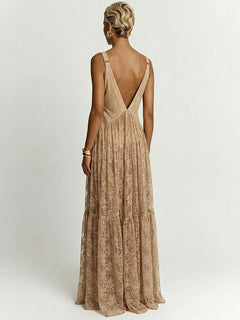 Elegant Lace Deep V-neck Tulle Maxi Dress