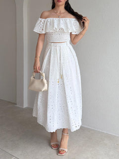 Exquisite Cutout Embroidered Off-Shoulder Ruffle Two-Piece Crop Set