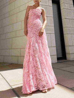 Elegant One-Shoulder Pleated Lace Maxi Dress