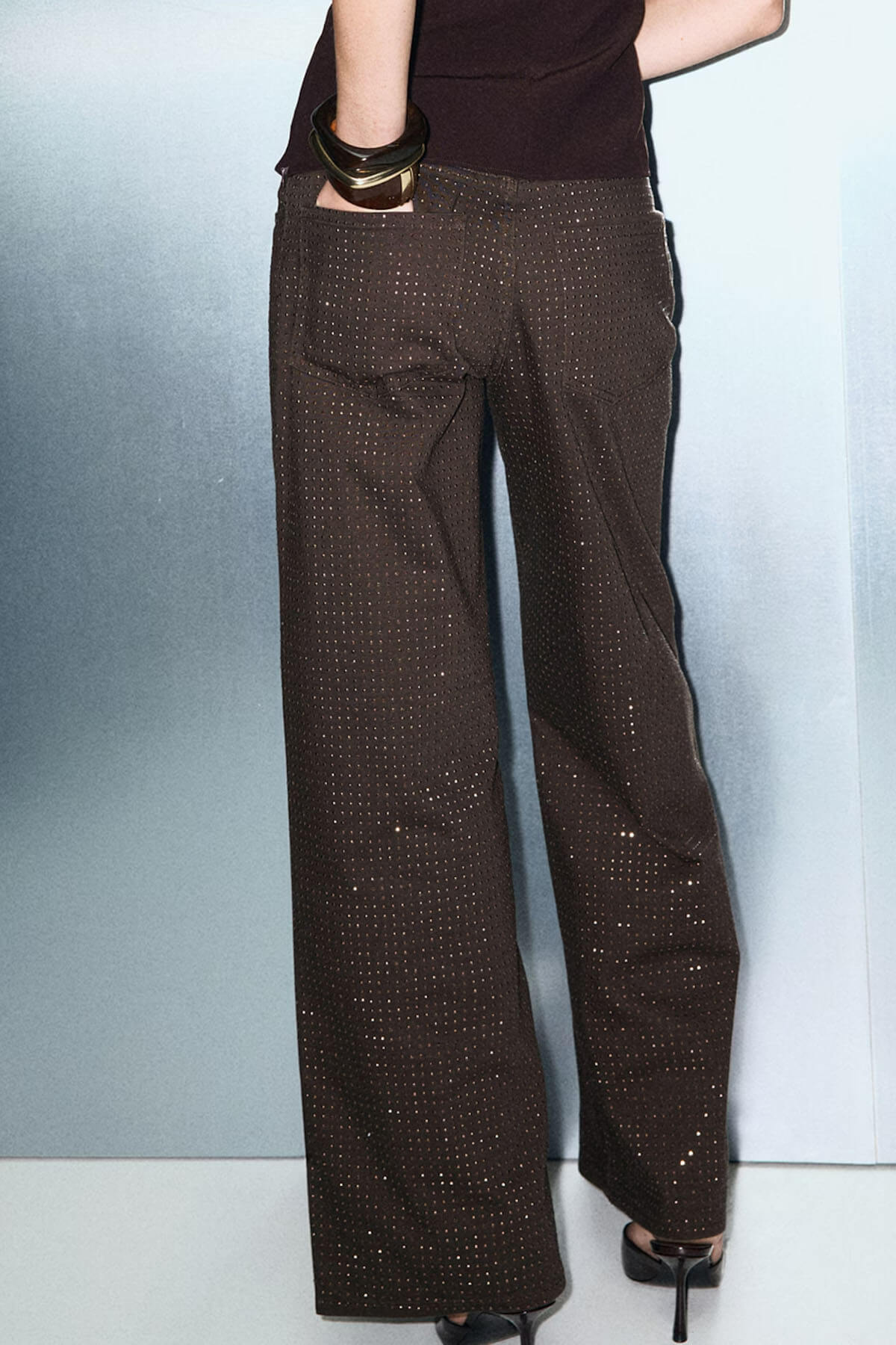 Unique Sparkling Rhinestone-Embellished Wide-Leg Jeans