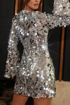 Fashionable Large Sequins Long Bell Sleeve H-line Mini Dress
