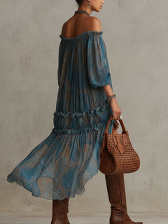 Bohemian Off-Shoulder Ruffled Sheer High-Low Midi Dress