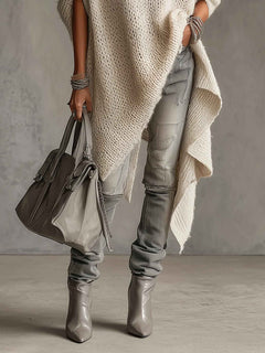 Asymmetrical Hem High-neck Knit Midi Dress