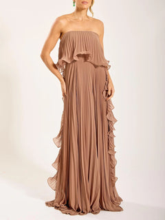 Elegant Strapless Pleated Ruffled Chiffon Maxi Dress
