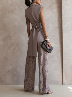 Elegant Sleeveless Blazer Top & Floral Lace Wide-Leg Pants Two-Piece Set