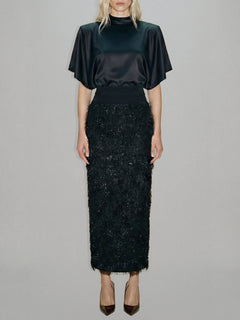 Elegant Satin Top & Sequin Feather Midi Skirt Two-Piece Set