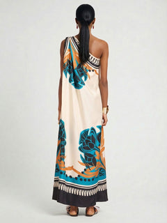 Exquisite Printed One-Shoulder Dress With Detachable Shawl Two-Piece Set