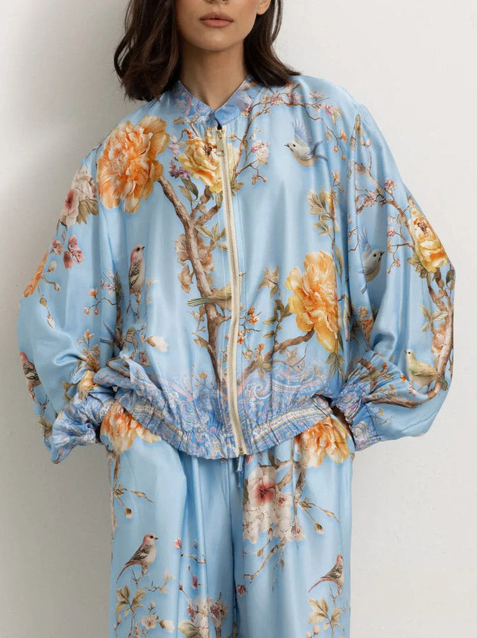 Elegant Floral Bird Print Wide Leg Pants