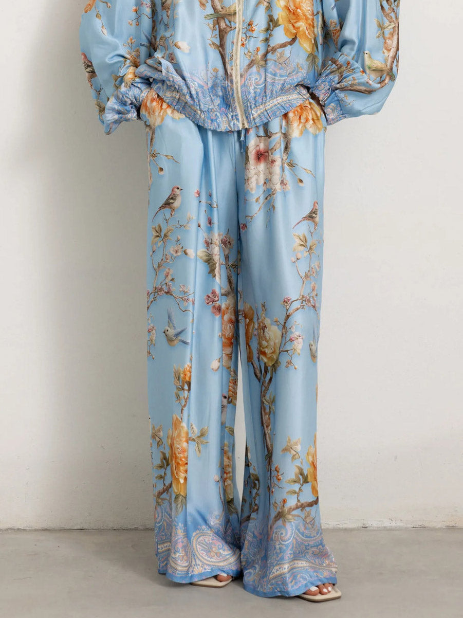 Elegant Floral Bird Print Wide Leg Pants