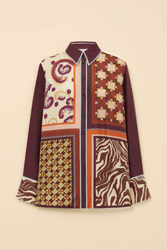 Unique Paisley Color-Block Satin Shirt And Elastic Waist Wide-Leg Pants Set