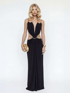 Sexy Metal Chain Cut-Out Backless Lace-Up Draped Maxi Dress