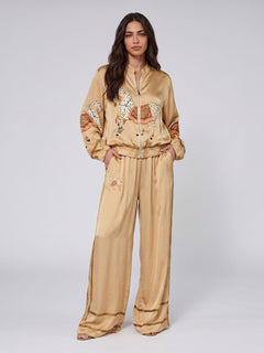 Exquisite Satin Horse Print Zip-Up Shirt