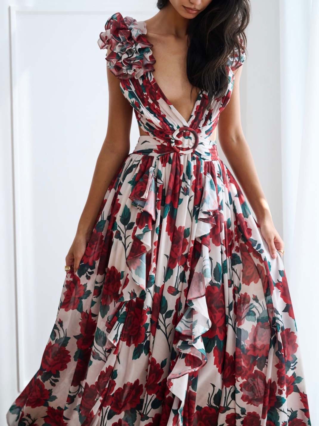 Elegant Floral Print Cut-Out Maxi Dress