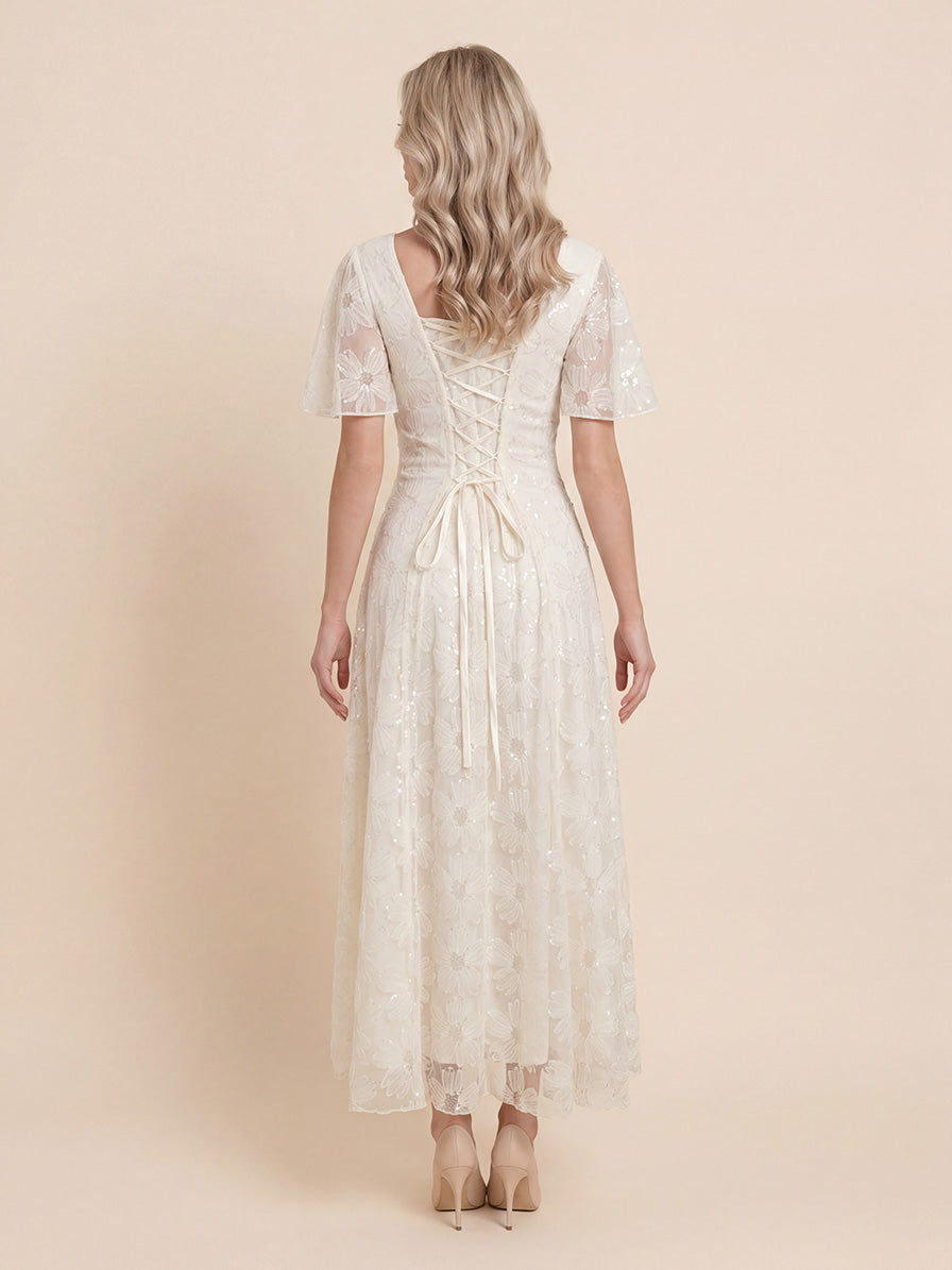 Elegant Square Neck Sheer Tulle Floral Embroidered Maxi Dress