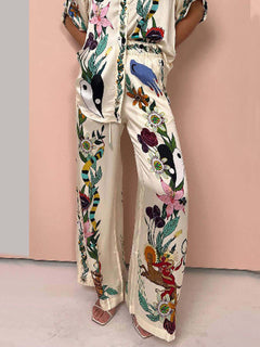Modern Sophisticated Feel Satin Unique Print Oversized Blouse Elastic Waist Pocketed Wide Leg Pants Set-Likemychoice