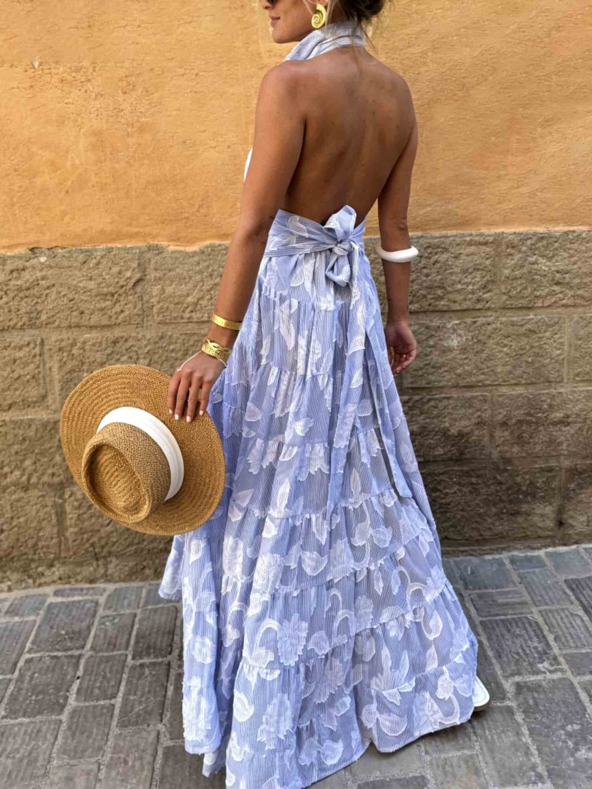 Exquisite Striped Floral Jacquard Backless Layered Maxi Dress