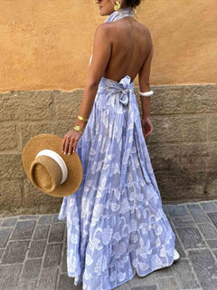 Exquisite Striped Floral Jacquard Backless Layered Maxi Dress