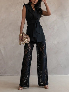 Elegant Sleeveless Blazer Top & Floral Lace Wide-Leg Pants Two-Piece Set