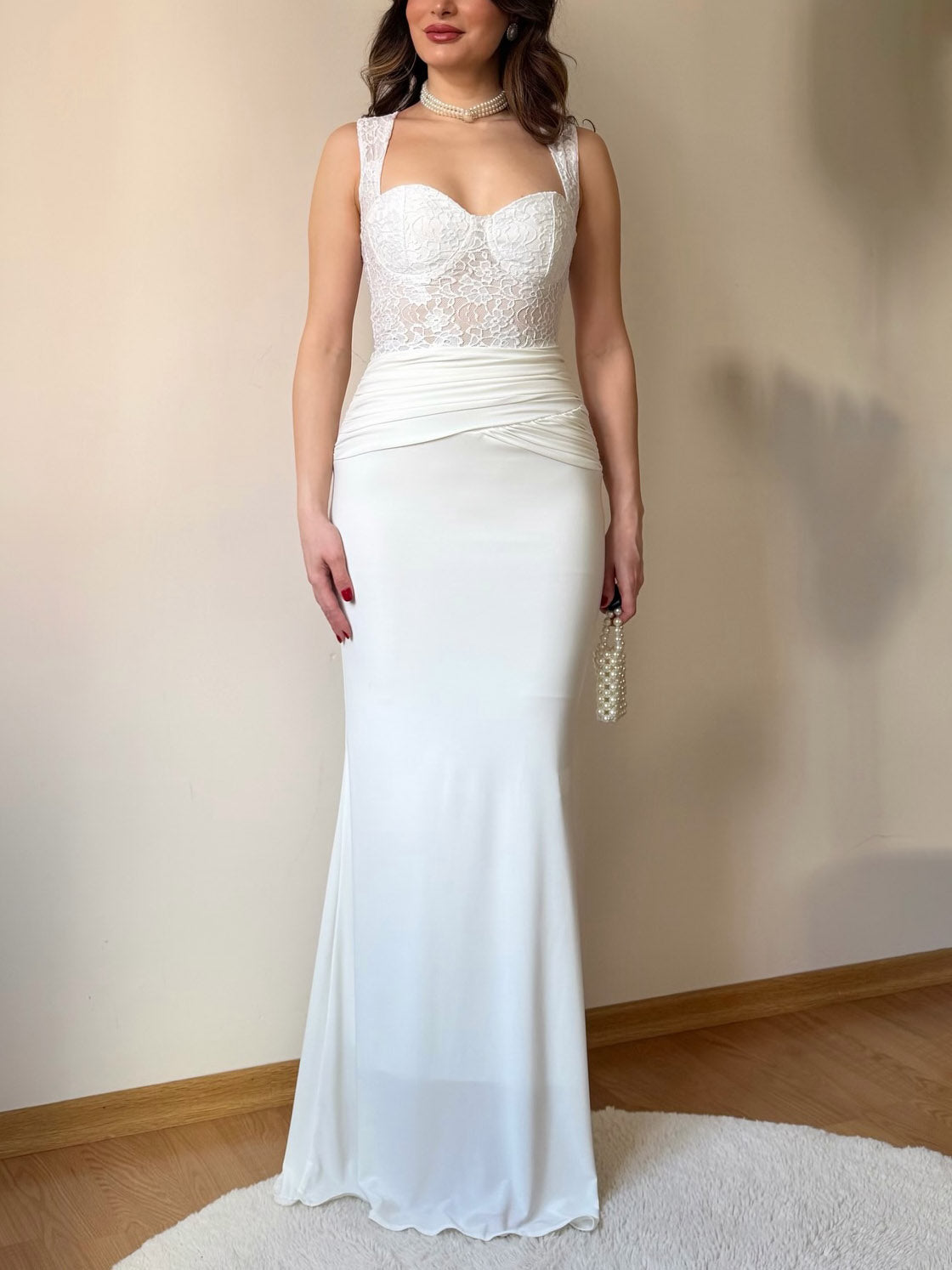 Elegant Lace Bodice Ruched Mermaid Maxi Dress-Likemychoice