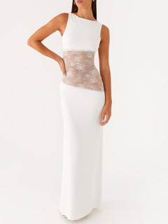 Elegant Sleeveless Boat Neck Black Lace Maxi Dress