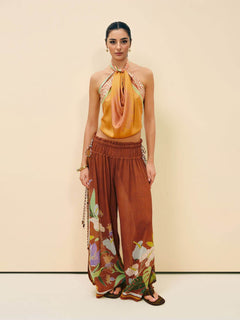 Delicate Ruffle Printed Drawstring Slit Wide-Leg Pants