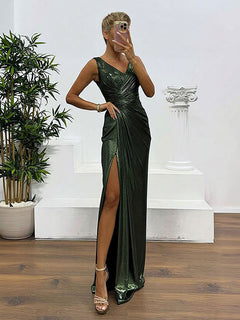 Elegant V-neck Draped Evening Gown Maxi Dress