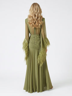 Elegant V-Neck Feather Cuff Flowing Chiffon Maxi Dress