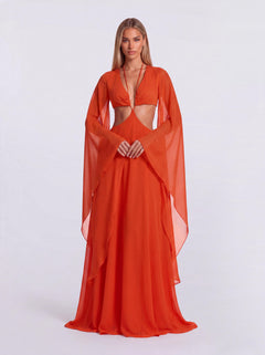 Vacation-style Deep V Cutout Bell Sleeve Chiffon Dress