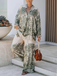 Casual Palm Leaf Print Loose Shirt And Wide-Leg Pants Set