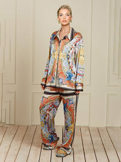 Unique Sunshine Print Collared Button-Up Loose Shirt