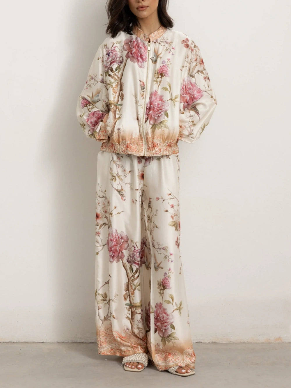 Elegant Floral Bird Print Shirt& Wide Leg Pants Set