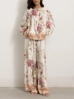 Elegant Floral Bird Print Shirt& Wide Leg Pants Set