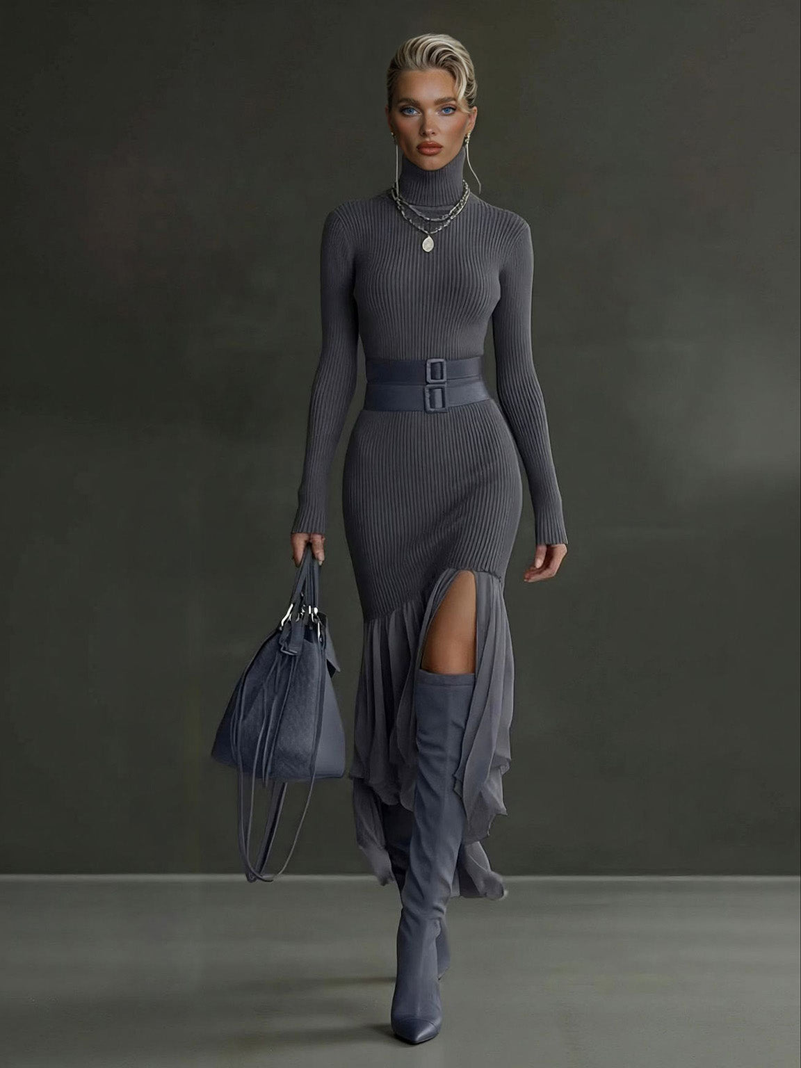 Elegant Asymmetrical Ruffled Knit Midi Dress