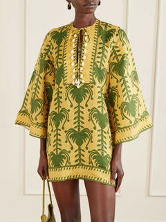 Casual Palm Tree Print Flare Sleeve Mini Dress