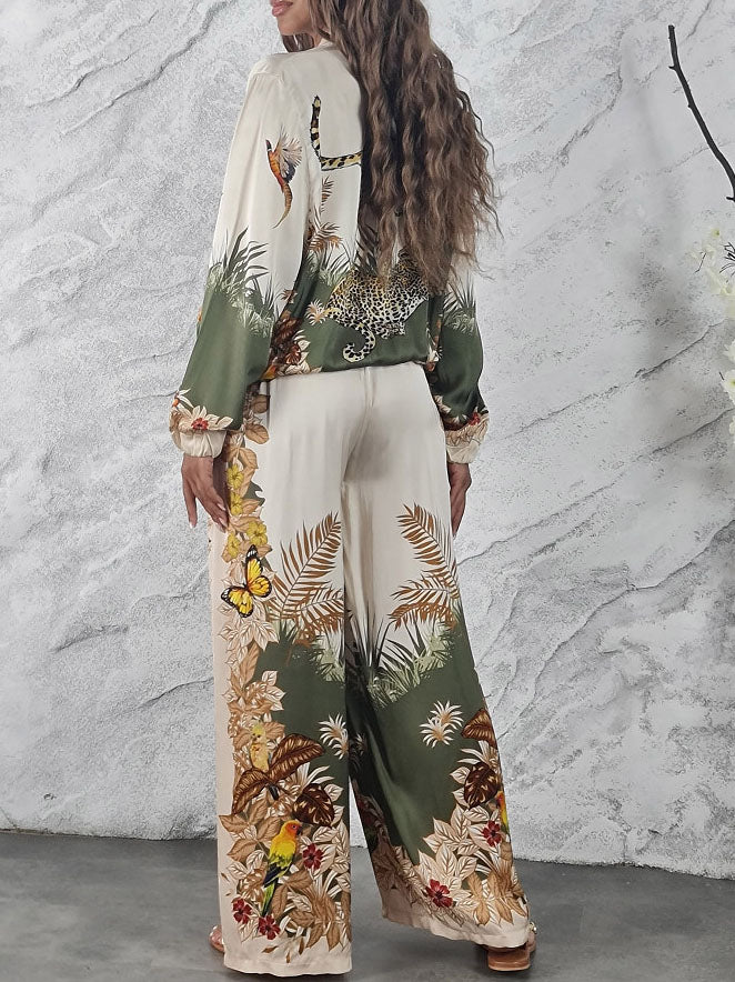 Exotic Jungle Print Zip-Up Long Sleeve Shirt