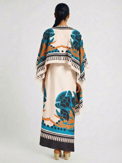 Exquisite Printed One-Shoulder Dress With Detachable Shawl Two-Piece Set