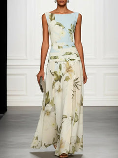 Fresh Sleeveless Boat Neck Printed Party Maxi Dress