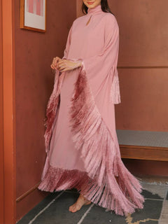 Elegant High-Neck Fringe Trim Asymmetrical Maxi Dress
