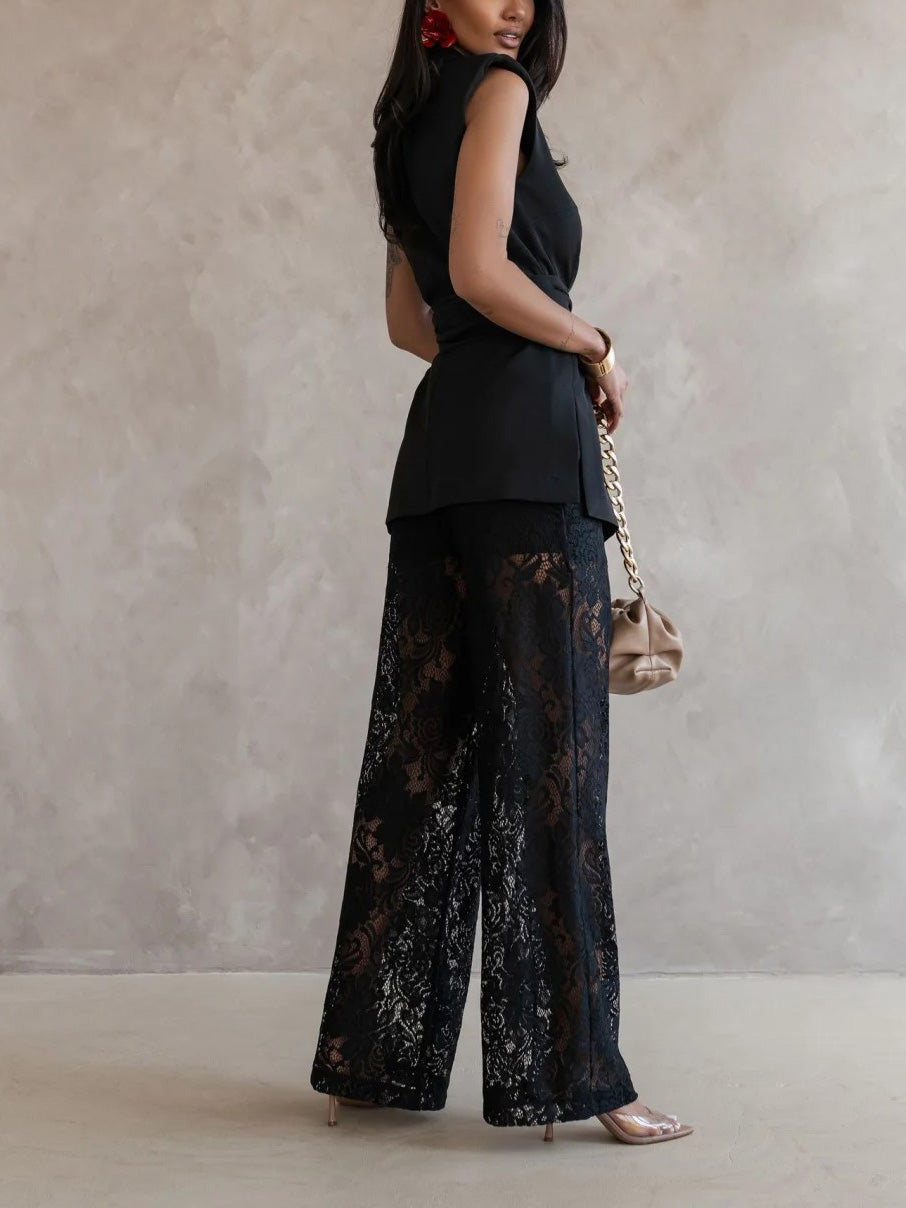 Elegant Sleeveless Blazer Top & Floral Lace Wide-Leg Pants Two-Piece Set