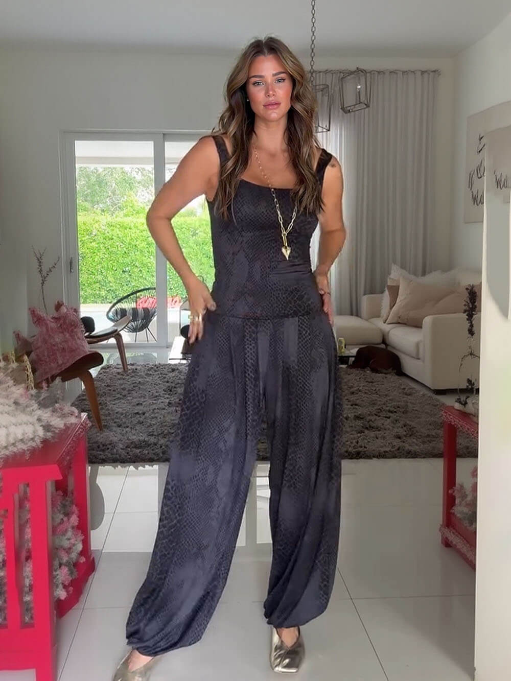 Casual Rust Red Printed Spaghetti Strap Jumpsuit